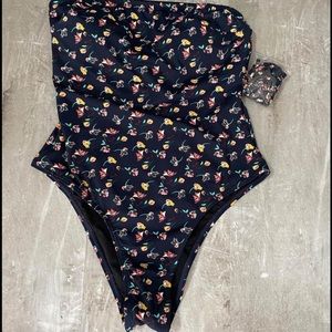 Navy blue floral bandeau one piece NWT